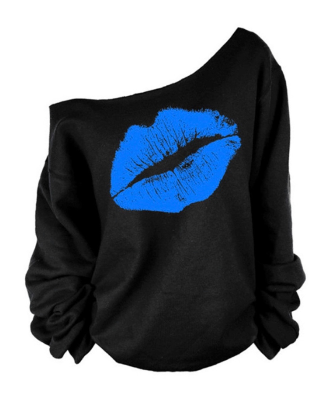 Off-the-Shoulder Black Sweatshirt with Blue Lip Graphic NWT XXL